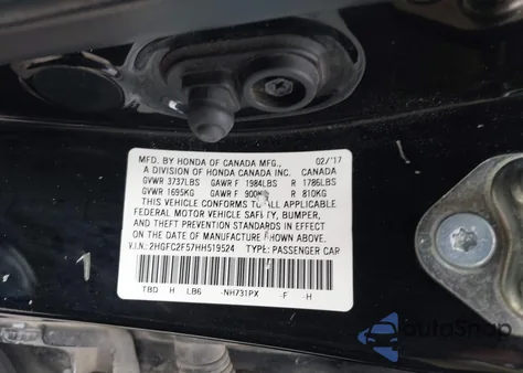 2017 Honda Civic Lx z USA, uszkodzony, nr VIN 2HGFC2F57HH519524